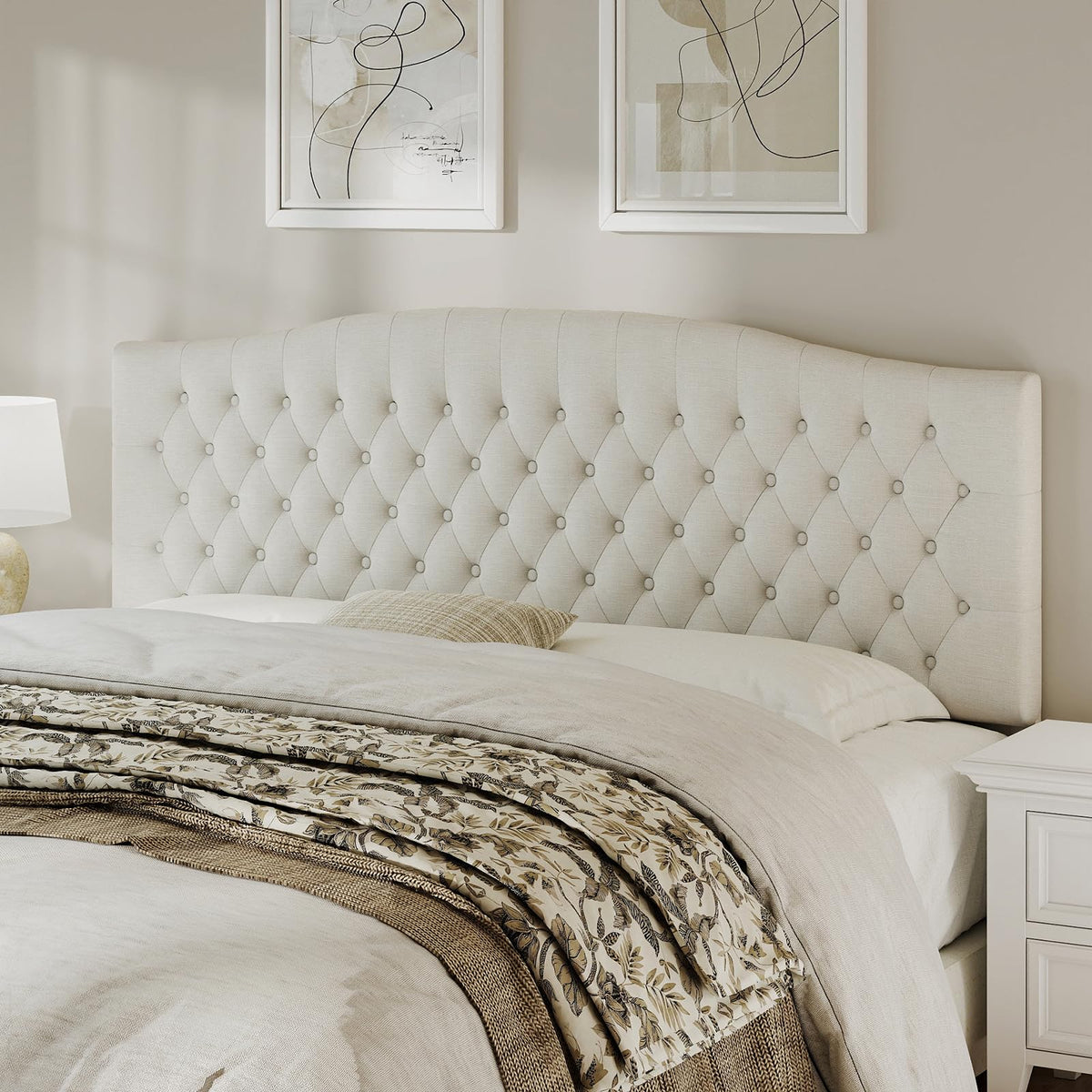 Befurtori King Headboard Only, Linen Classic Tufted Design, Ivory