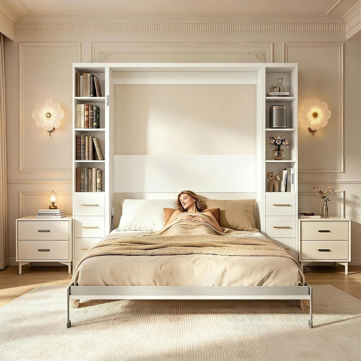 Olela Murphy Bed Queen with Desk & Bookcase, 4-Hydraulic Lift System,White