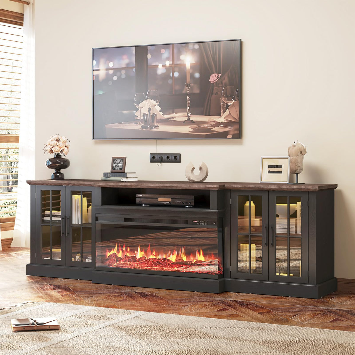 98" Farmhouse TV Stand with 36" Fireplace, Black & Black