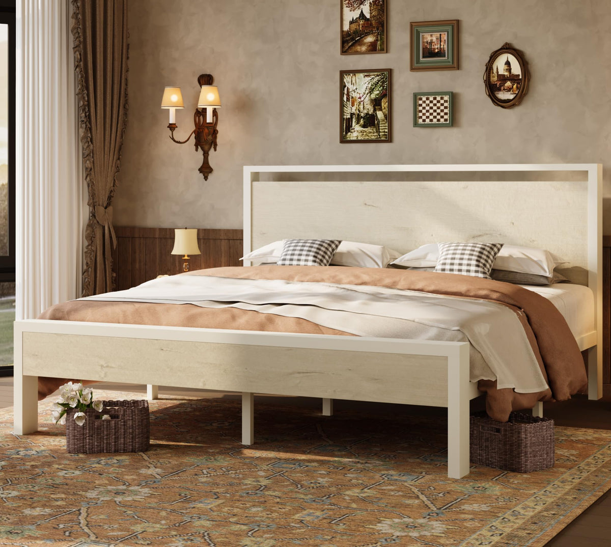 SHA CERLIN 14 Inch King Size Metal Platform Bed Frame with Wooden Headboard and Footboard, Mattress Foundation, No Box Spring Needed, Large Under Bed Storage, Mahogany