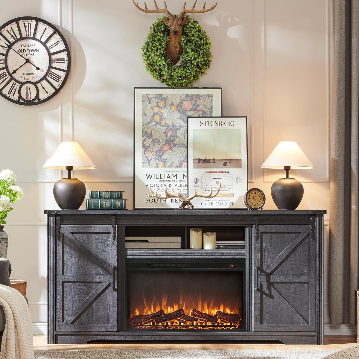 Farmhouse Fireplace TV Stand for 80 Inch TV, w/Drawer & Sliding Barn Door