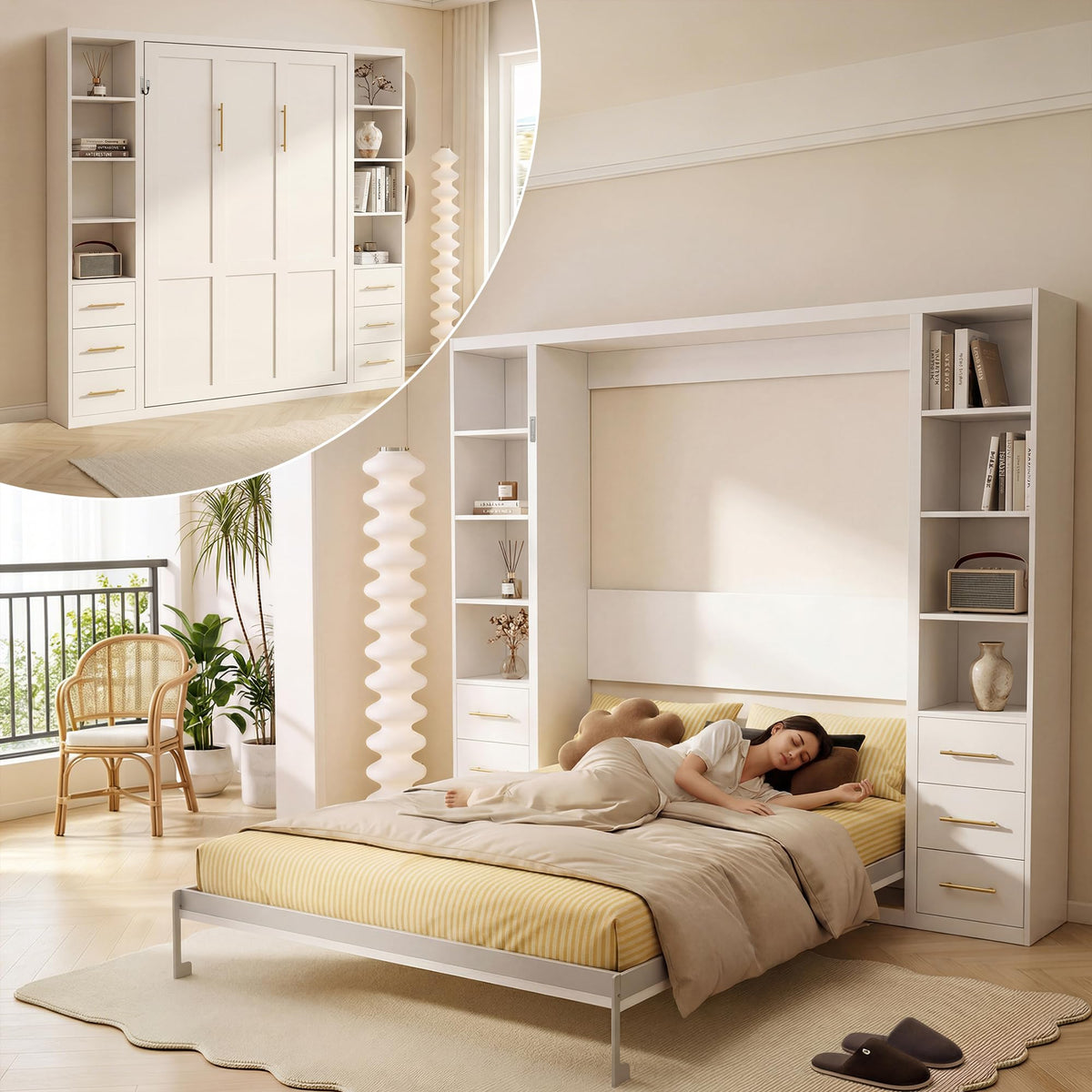 Olela Murphy Bed Queen with Desk & Bookcase, 4-Hydraulic Lift System,White