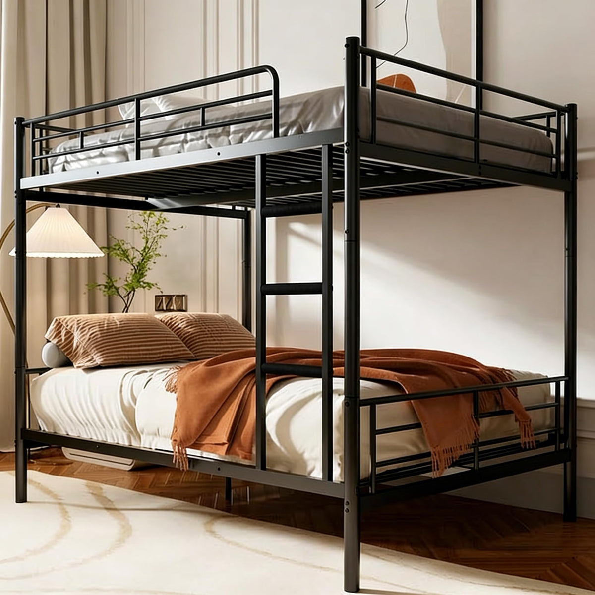 Queen over Queen Bunk Bed, Heavy Duty Bed frame with Ladder & Guardrails
