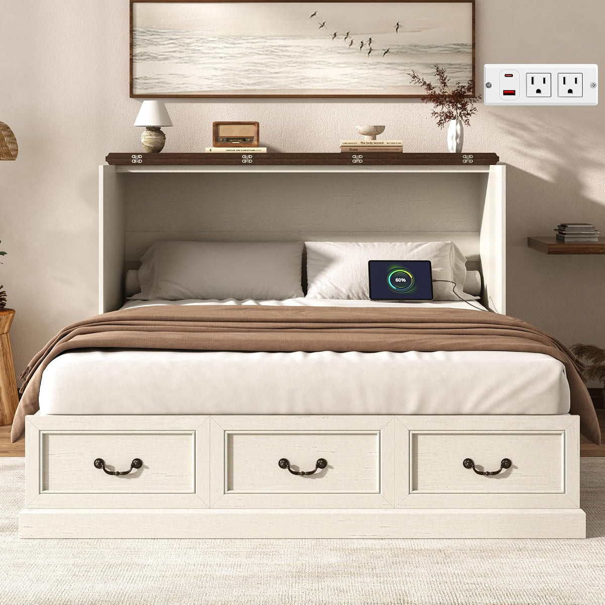 St.Mandyu Full Murphy Bed with Storage Drawers, Farmhouse Folding Bed Chest with Charging Station, Hideaway Beds with Foldable Panel for Guest Bedroom, Living Room, Office, Distressed White
