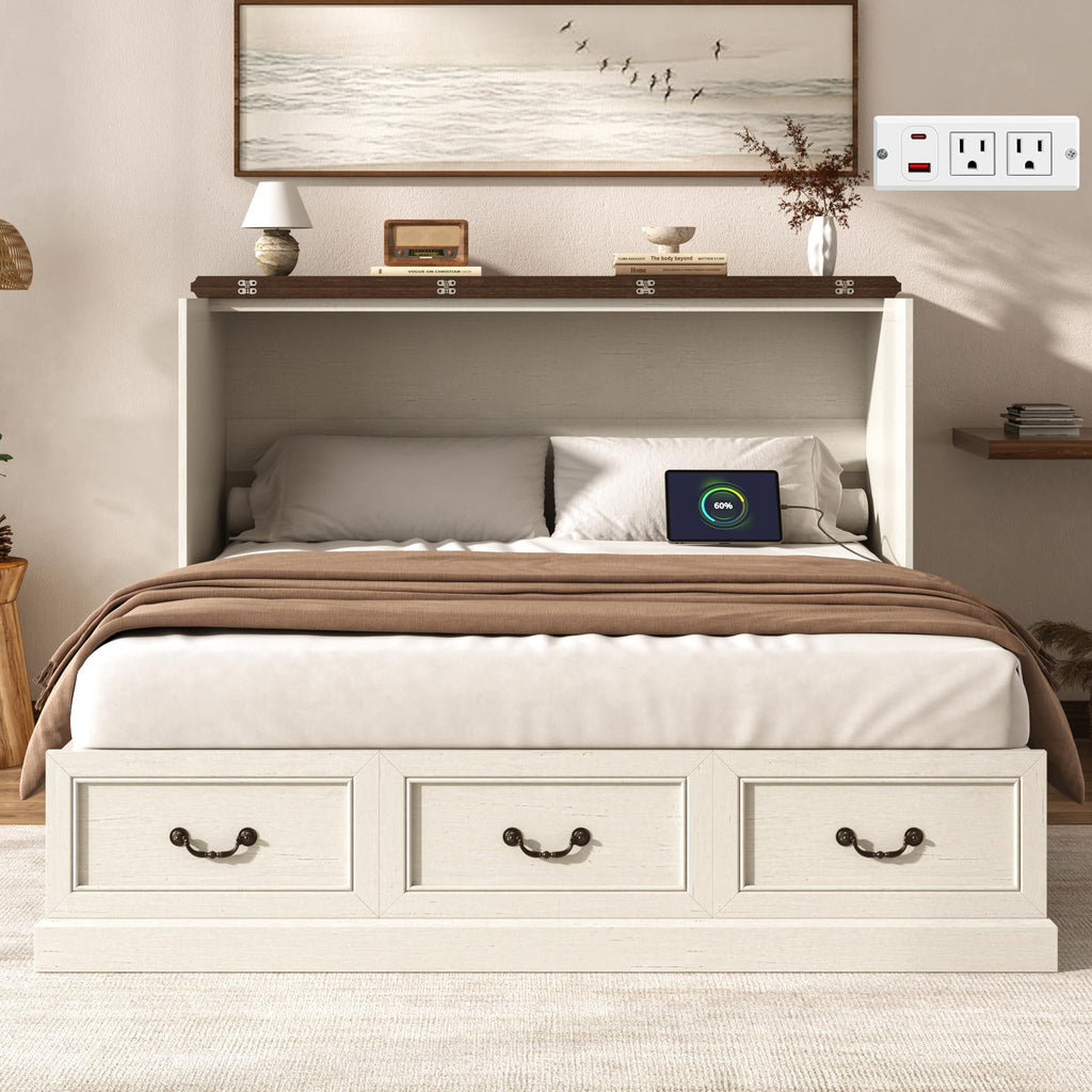 St.Mandyu Full Murphy Bed with Storage Drawers, Farmhouse Folding Bed Chest with Charging Station, Hideaway Beds with Foldable Panel for Guest Bedroom, Living Room, Office, Distressed White