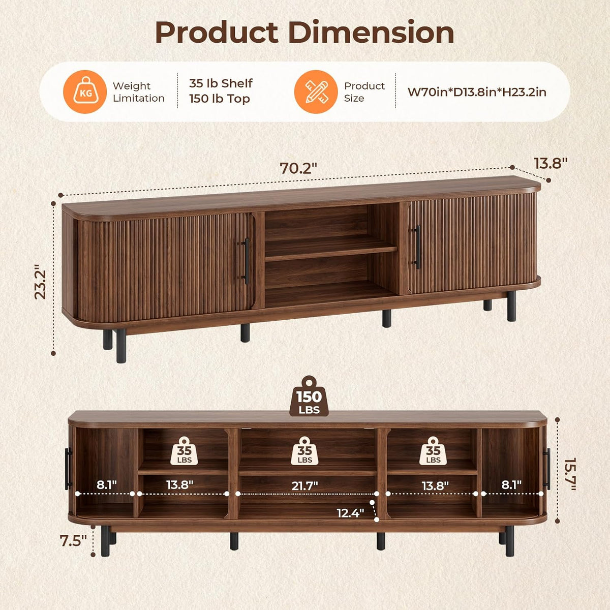 70" TV Stand for TVs Up to 75", Mid Century Modern Fluted Entertainment Center with 2 Storage Cabinets, Sliding Doors, Cable Management, Wood Television Media Console for Living Room, Walnut