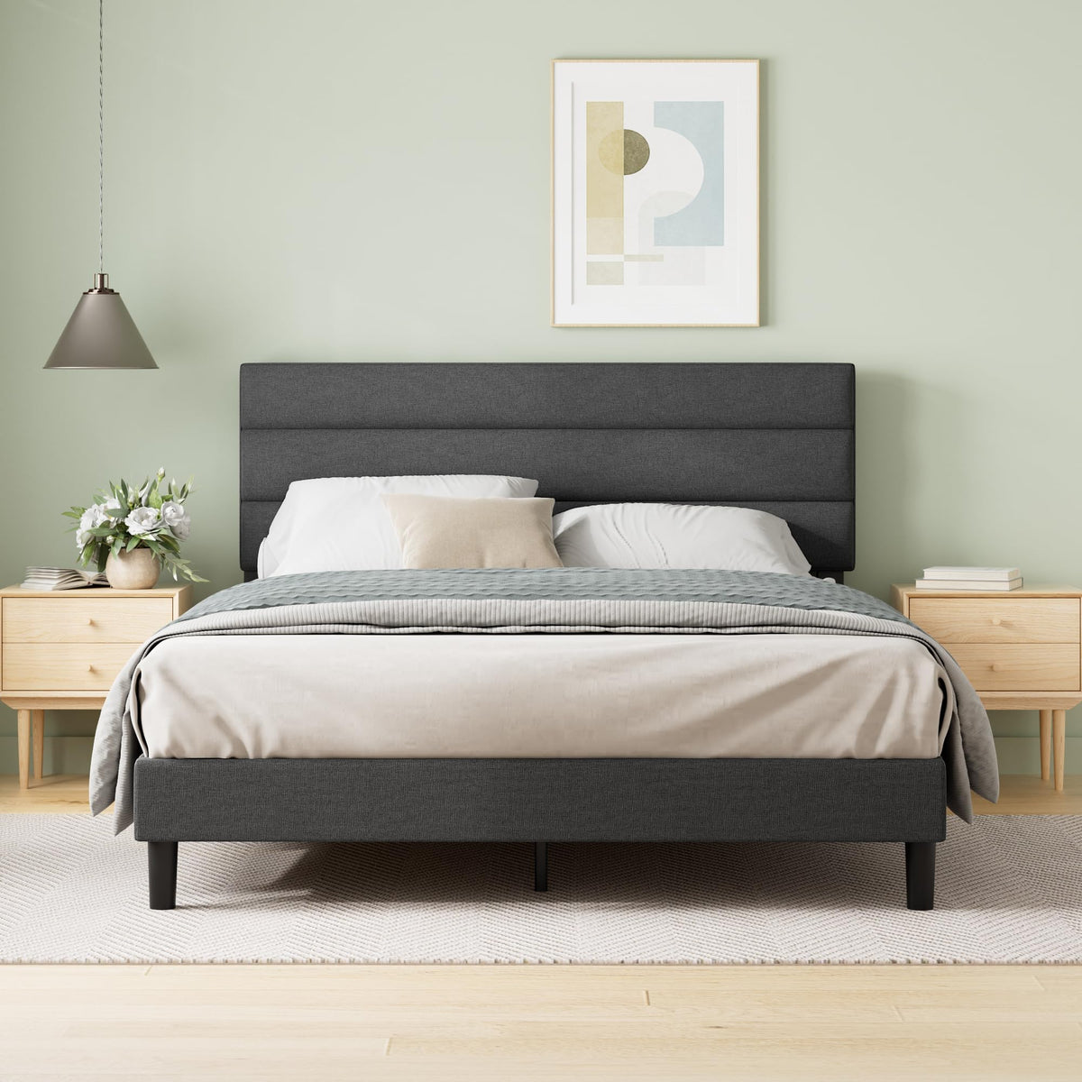 Zinus Omkaram Upholstered Platform Bed Frame, Mattress Foundation, Wood Slat Support, No Box Spring Needed, Easy Assembly, Queen
