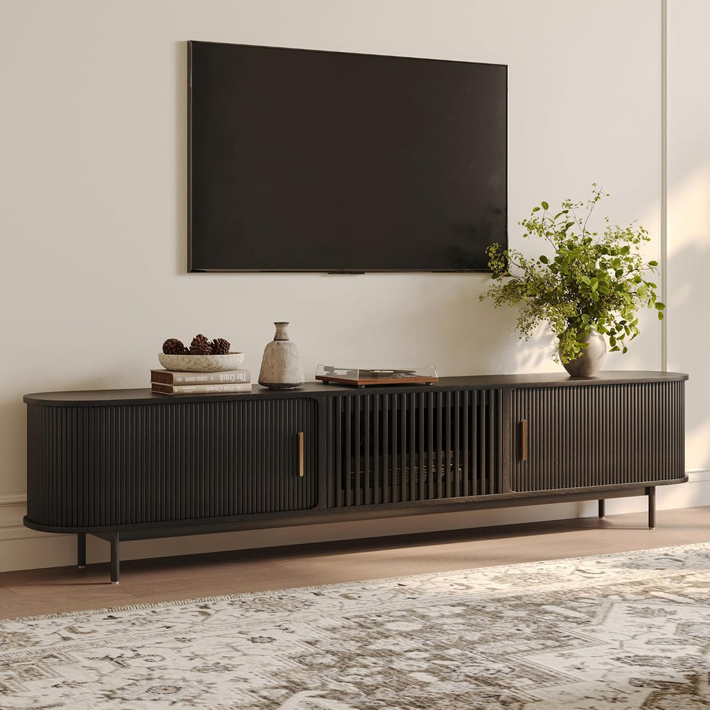 POVISON 94.49" Wood Fully-Assembled Sliding Tambour Door TV Stand, Black