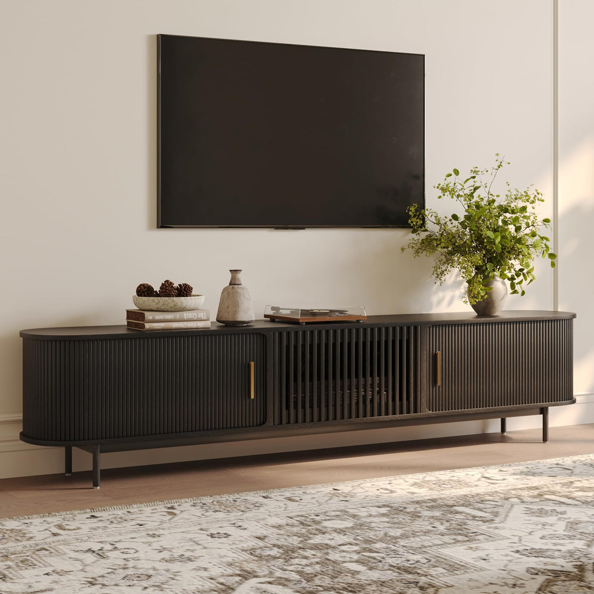 POVISON 70.87" Wood Fully-Assembled Sliding Tambour Door TV Stand, Walnut