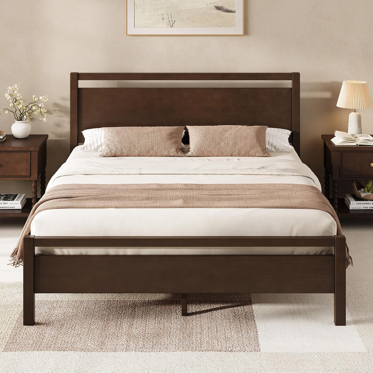 AMERLIFE Minimalist Queen Size Solid Wood Bed Frame with Headboard