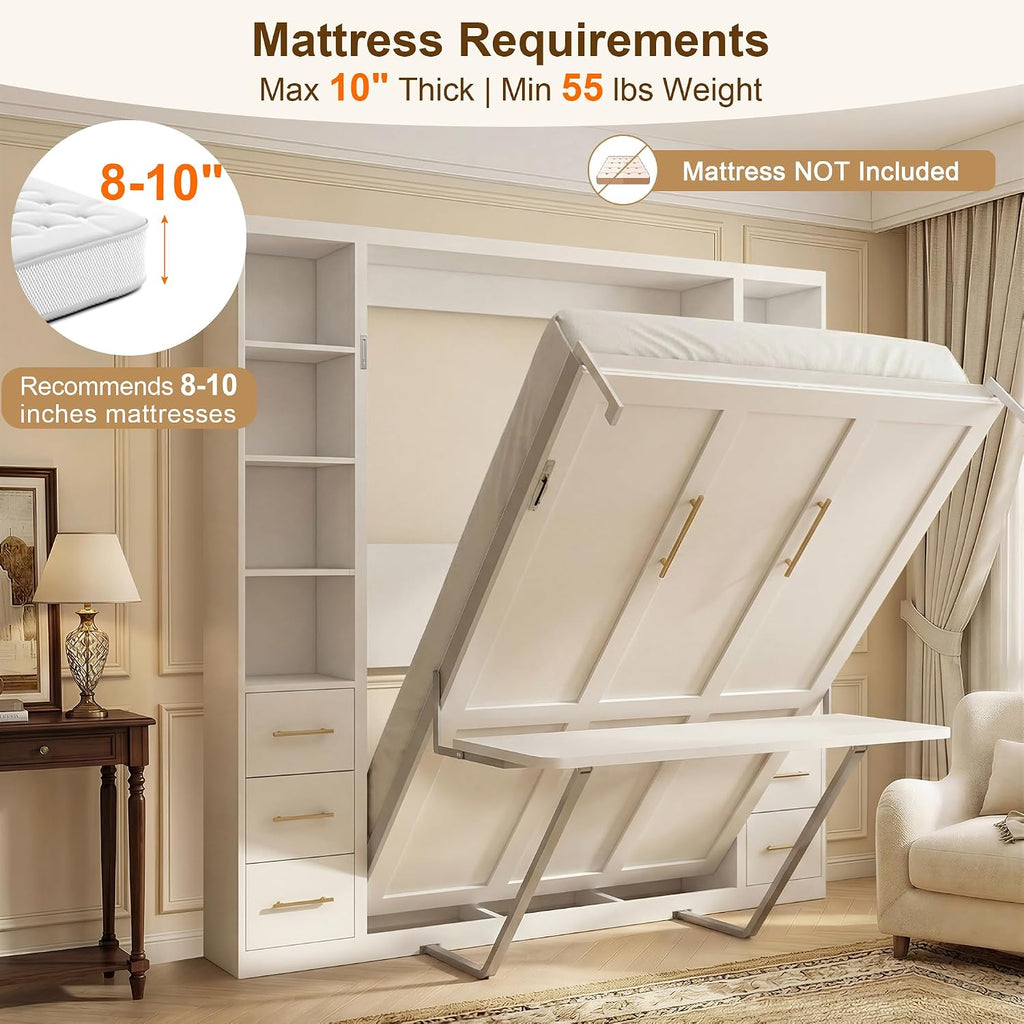 Olela Murphy Bed Queen with Desk & Bookcase, 4-Hydraulic Lift System,White