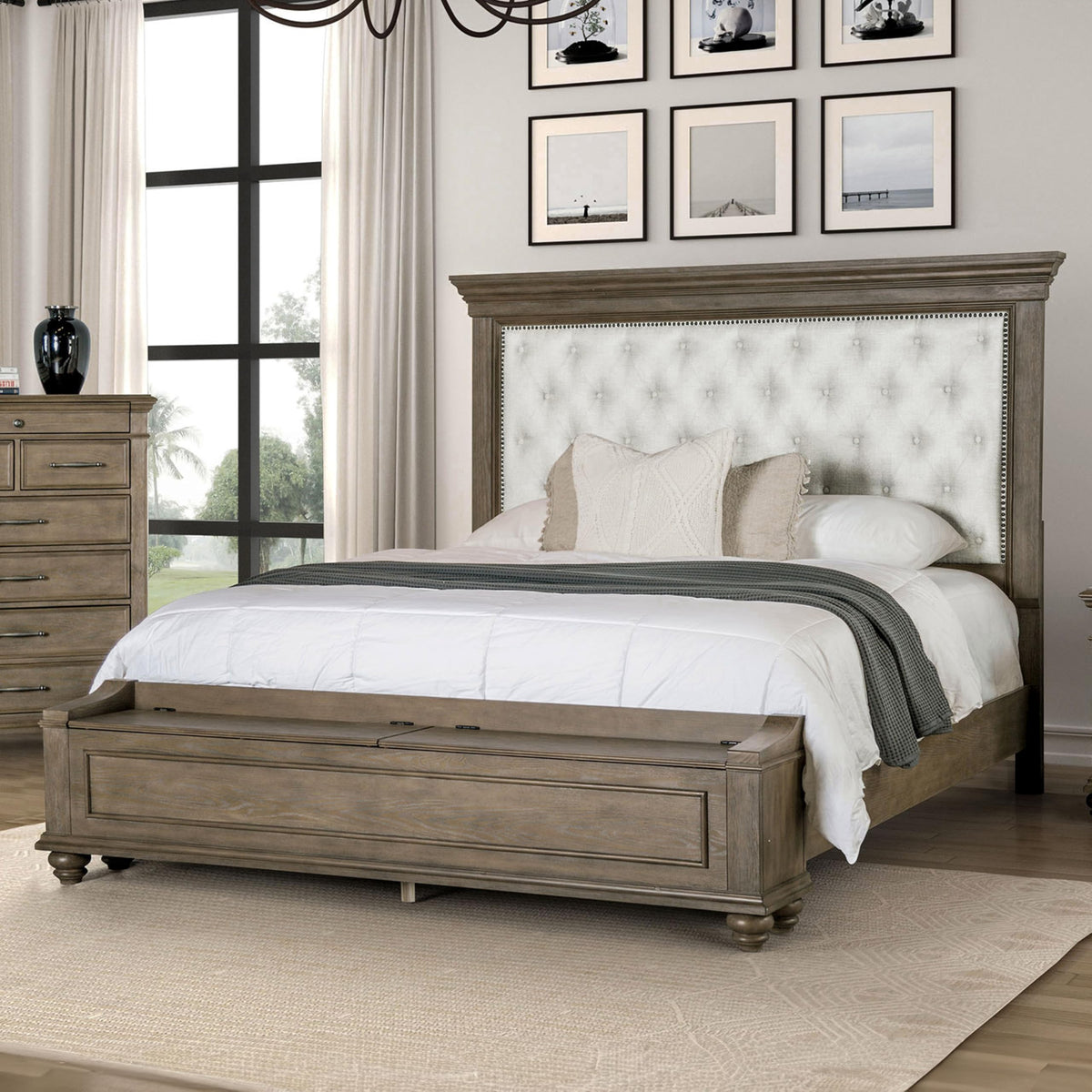 Furniture of America Tavric Solid Wood Bed with Button Tufted Headboard and Storage Footboard Seating, Brown Wooden Bedframe for Guest Room, Box Spring Required, Aged Oak, King