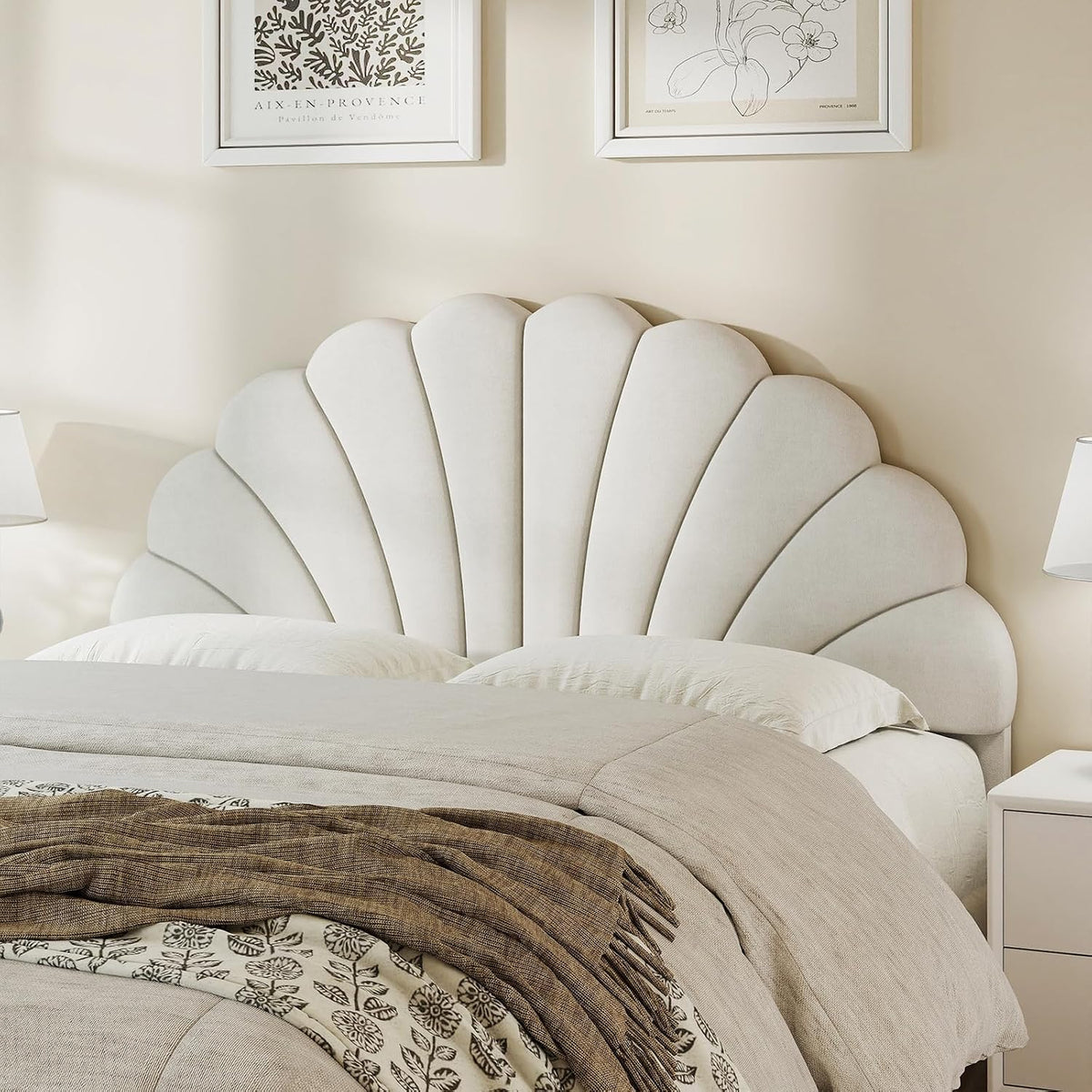 Befurtori Queen Size Headboard Only, Velvet Petal Wall Mounted, Cream