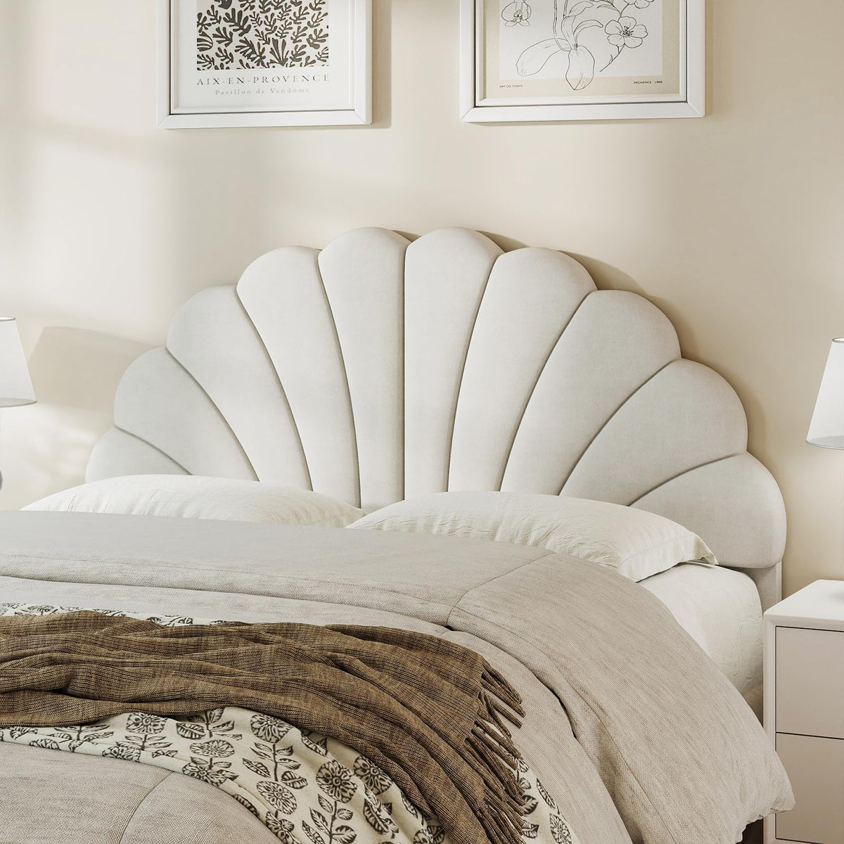 Befurtori Queen Size Headboard Only, Velvet Petal Wall Mounted, Cream