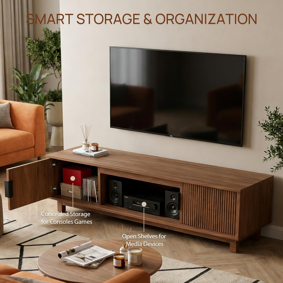 Alpen Fluted TV Stands for Living Room, 58" Mid Century Modern Entertainment Center with Storage, Brown Walnut TV Console for 55/60/65 Inch TV, Wood Television Media Cabinet for Bedroom