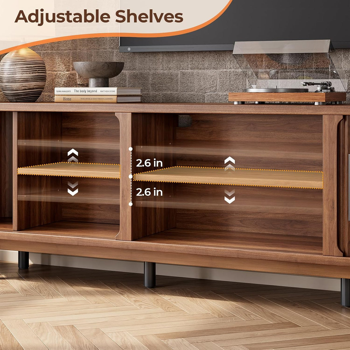 70" TV Stand for TVs Up to 75", Mid Century Modern Fluted Entertainment Center with 2 Storage Cabinets, Sliding Doors, Cable Management, Wood Television Media Console for Living Room, Walnut