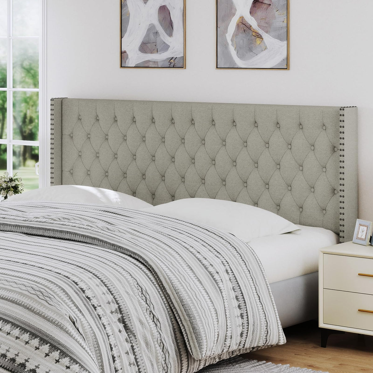 Furpopup Linen King Size Headboard Only, Wingback Wall Mount, Ivory