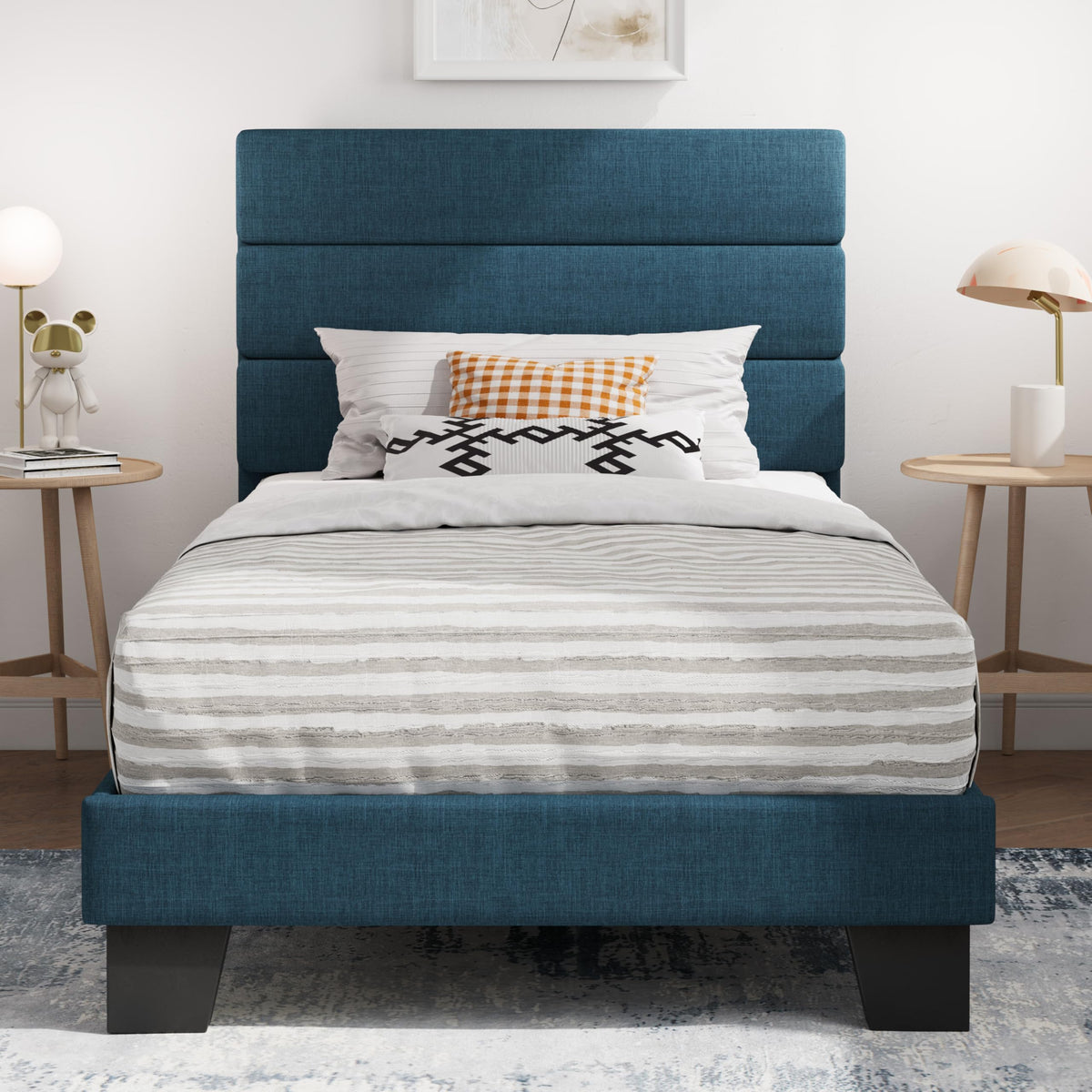 SHA CERLIN Queen Platform Bed Frame with Upholstered Fabric Headboard,Beige