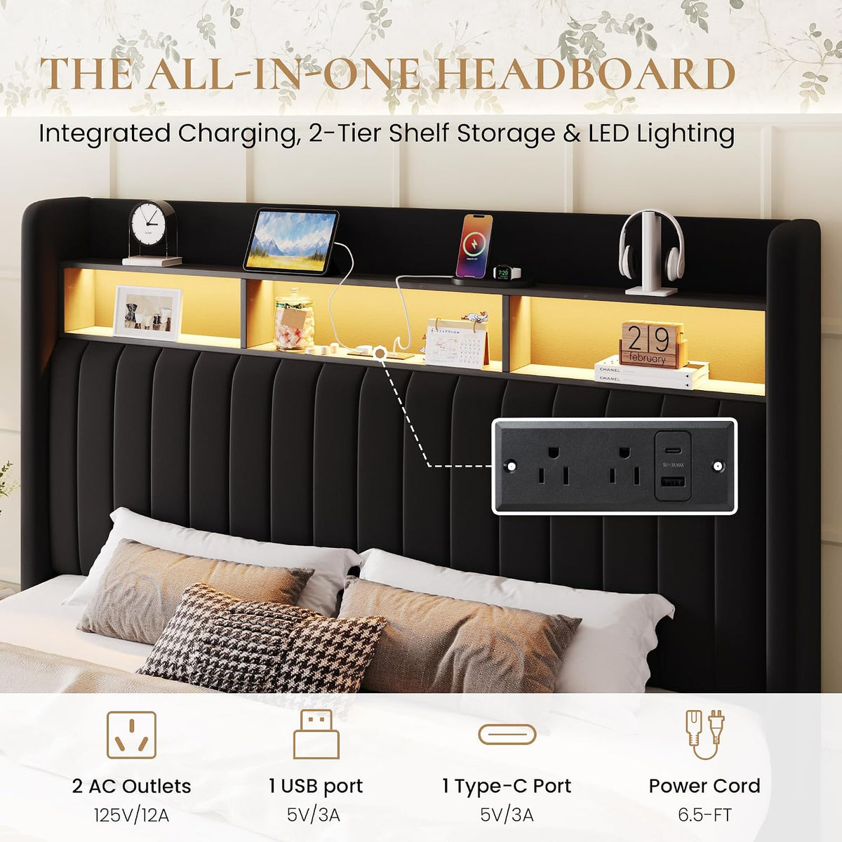 SHA CERLIN Full Size Platform Bed Frame / 2-Tier Storage Shelf/Velvet Wingback Upholstered Headboard/LED Lights and Charging Station/No Box Spring Needed/Noise-Free/Easy Assembly/Black
