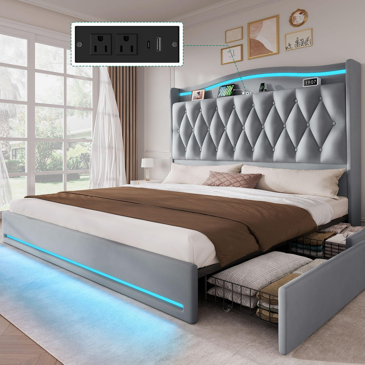 YITAHOME King Size Bed Frame with 3 Storage Drawers and RGB LED Lights