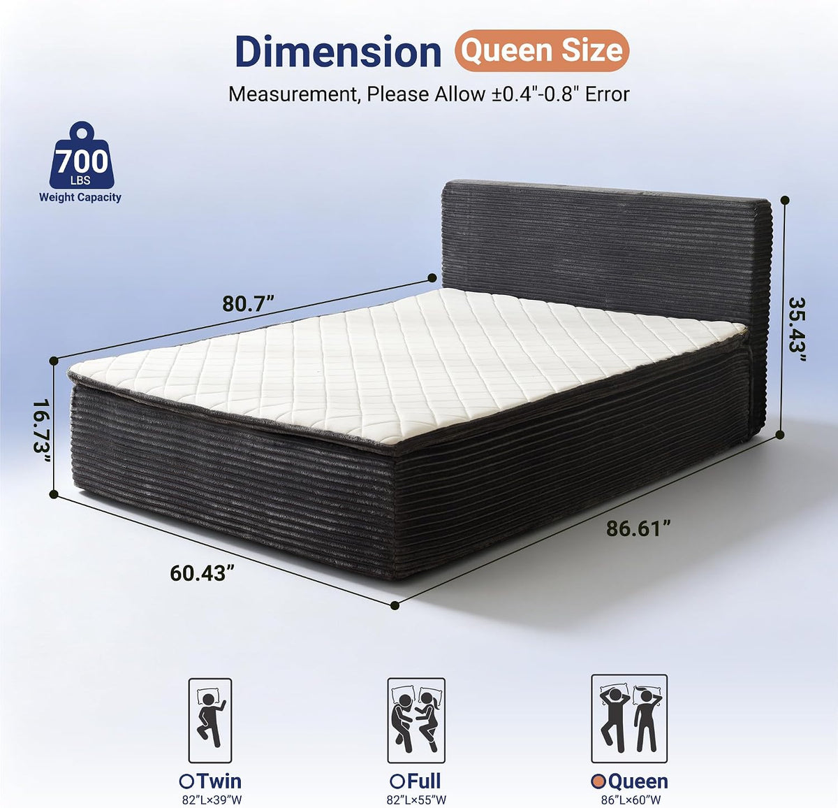 Queen Boneless Bed Frame with Headboard, 17'' Memory Foam Mattress, Gray