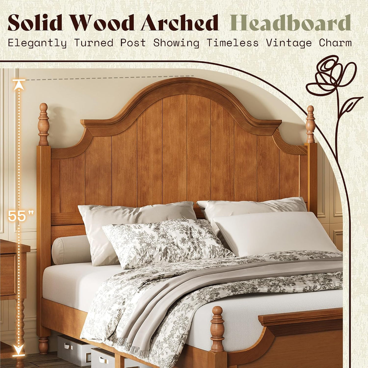 AMERLIFE King Solid Wood Poster Bed with Arched Headboard, Brown