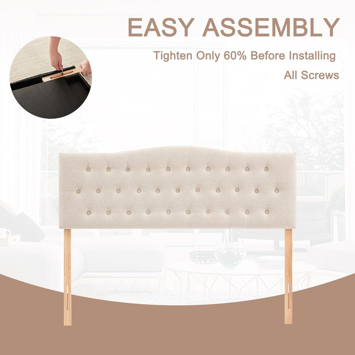 Tufted Headboard Queen Size, Solid Wood Adjustable Height Head Board, Beige