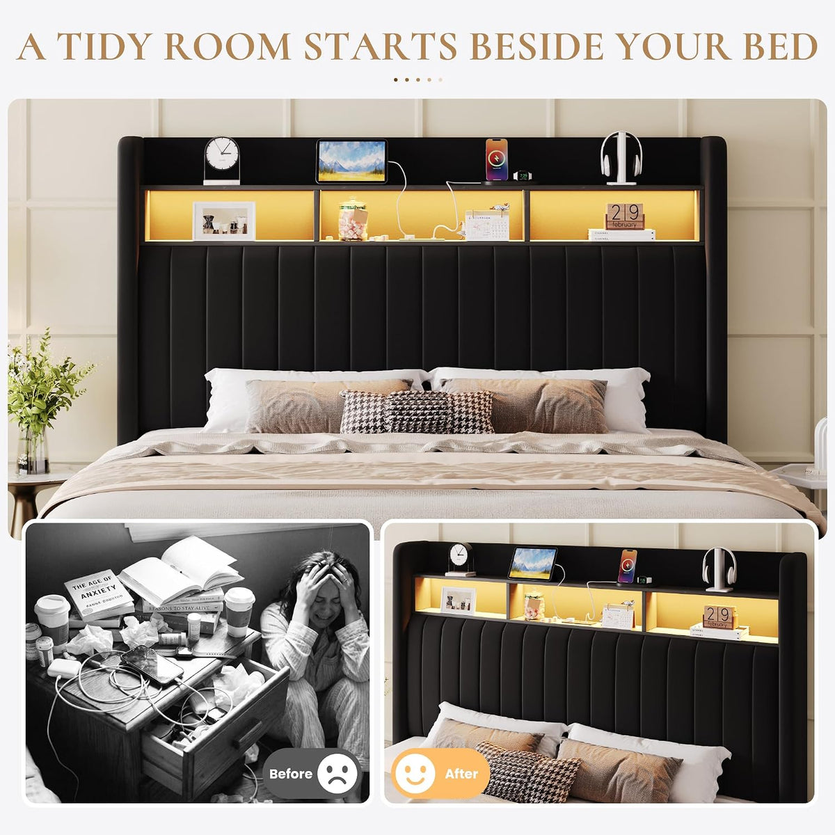 SHA CERLIN Full Size Platform Bed Frame / 2-Tier Storage Shelf/Velvet Wingback Upholstered Headboard/LED Lights and Charging Station/No Box Spring Needed/Noise-Free/Easy Assembly/Black