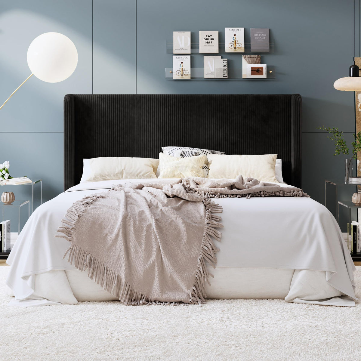 SHA CERLIN Full Corduroy Platform Bed with Tufted Wingback Headboard, Black