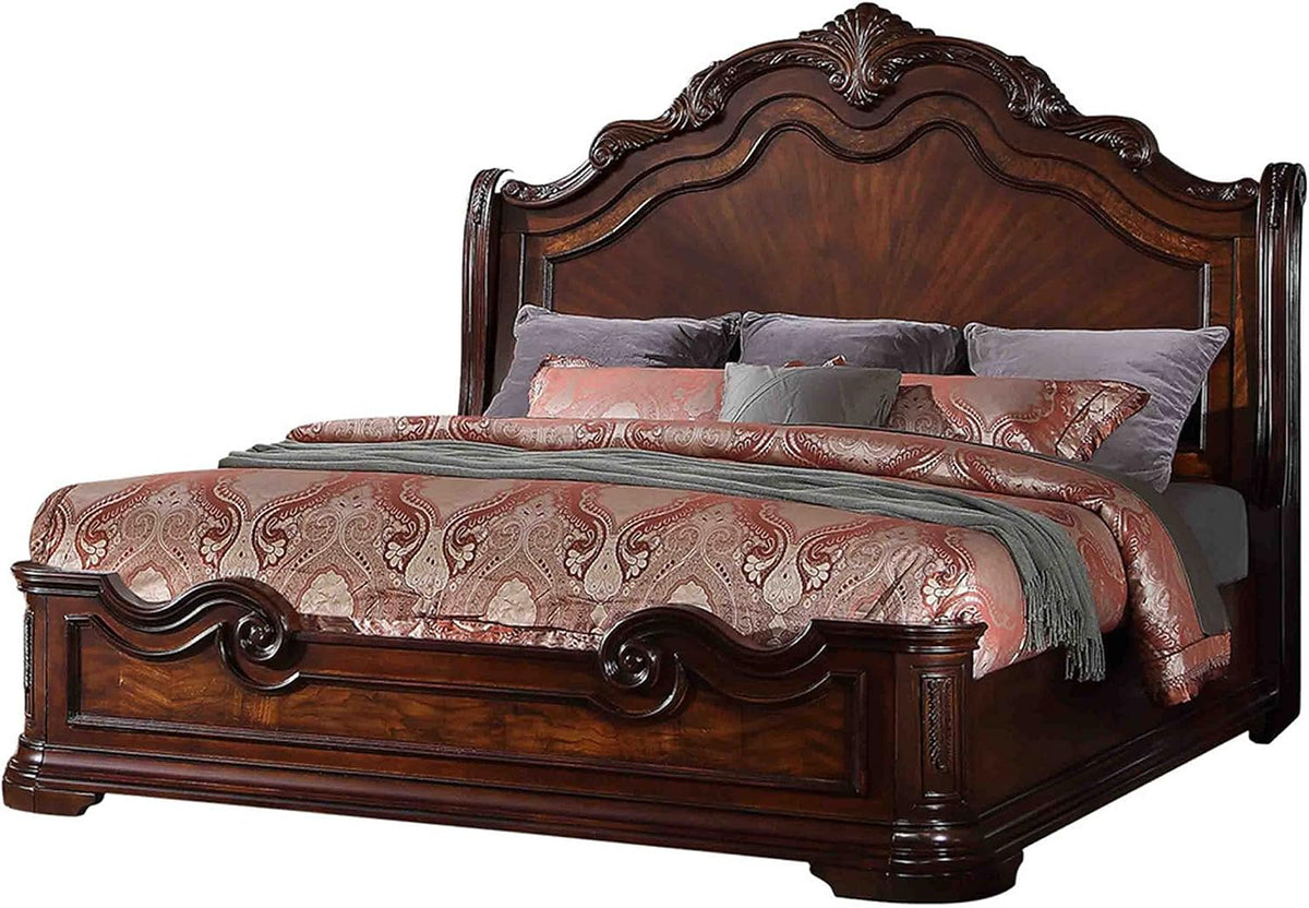 First of a Kind Barney’s 67 Eastern King Bed Frame, Solid Wood Bed with Carved Headboard and Curved Footboard, Walnut Finish, Traditional Wood Bed Frame for Bedroom Furniture