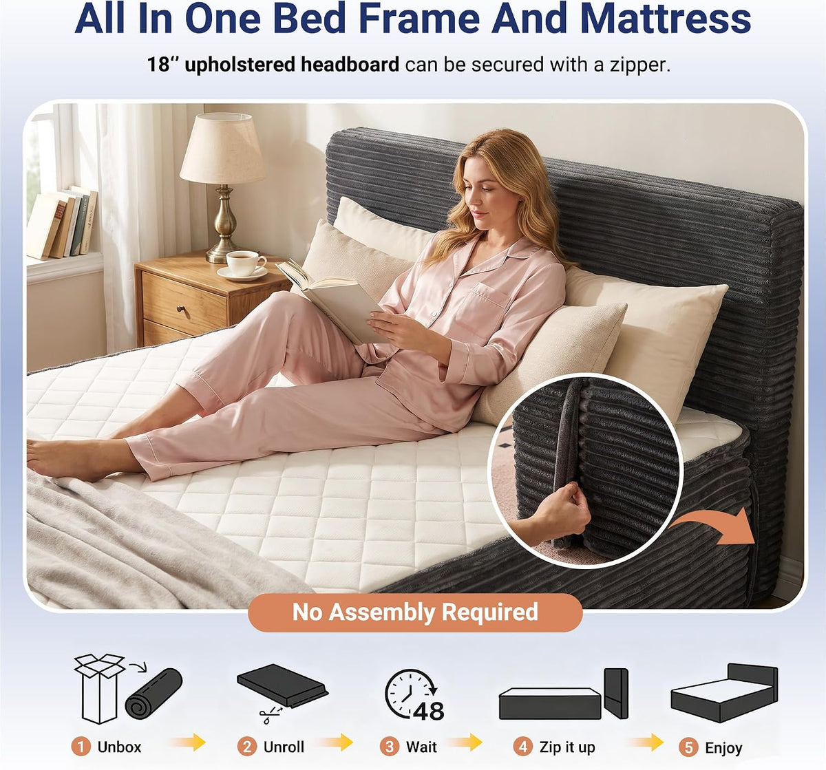 Queen Boneless Bed Frame with Headboard, 17'' Memory Foam Mattress, Gray