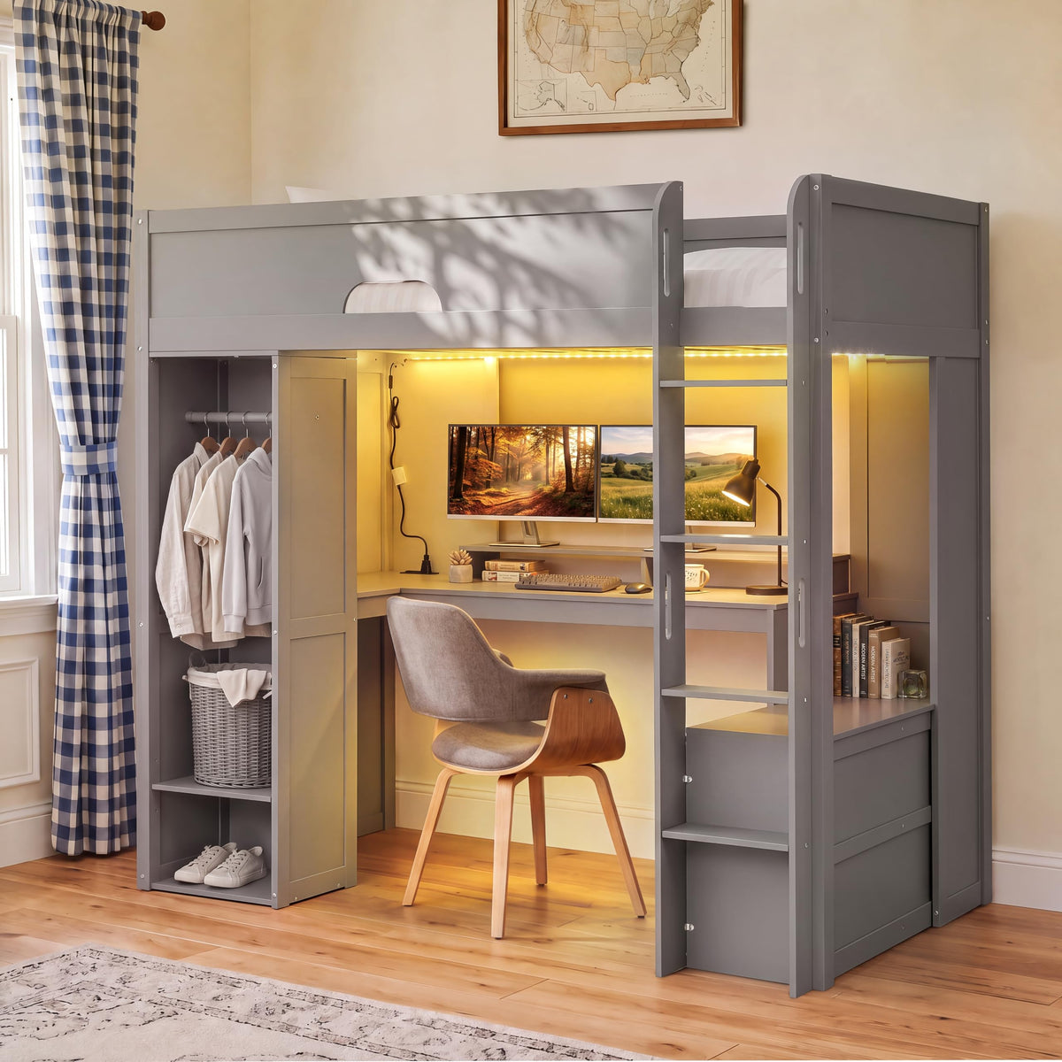 Merax Full Size Wood Loft Bed with L-Shaped Desk, Storage Cabinet, Gray
