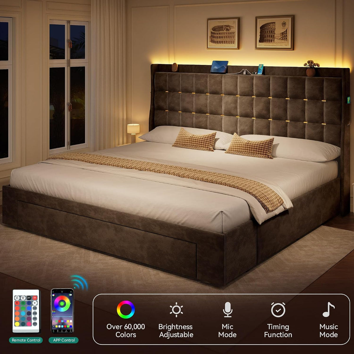 YITAHOME King Size Bed Frame with 3 Storage Drawers and RGB LED Lights