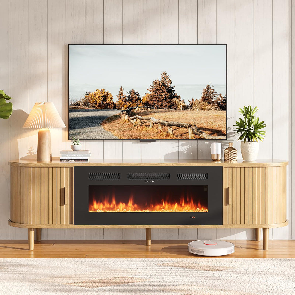 70" Mid Century Modern TV Stand with Fireplace, Fluted Fireplace TV Stand, Entertainment Center with Sliding Door, TV Console with Solid Wood Legs for Living Room, Black