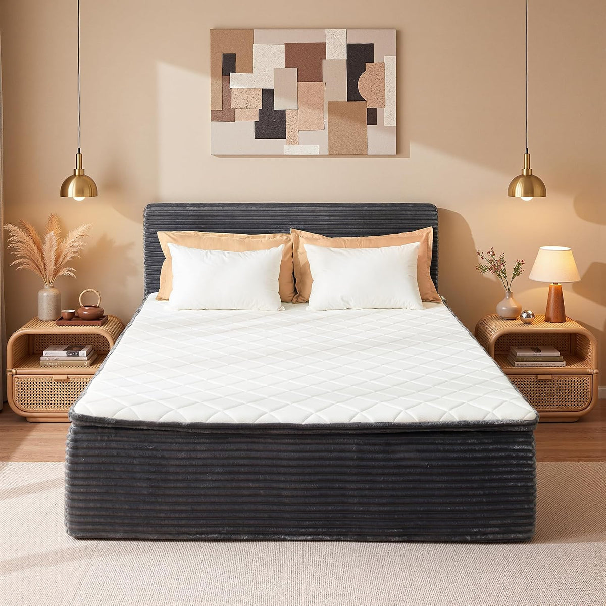 Queen Boneless Bed Frame with Headboard, 17'' Memory Foam Mattress, Gray