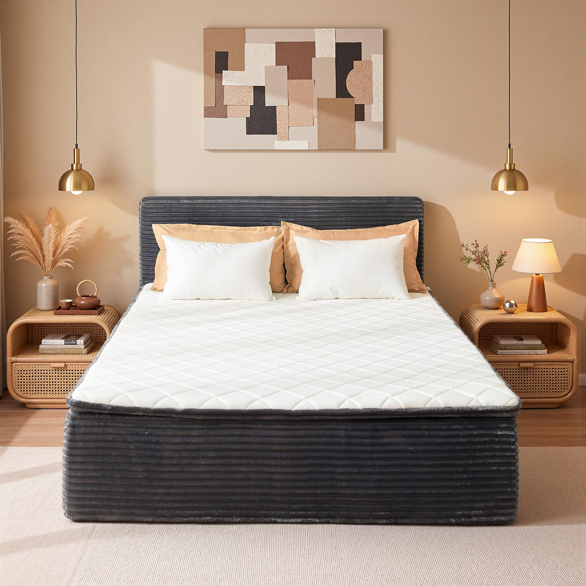 Queen Boneless Bed Frame with Headboard, 17'' Memory Foam Mattress, Gray