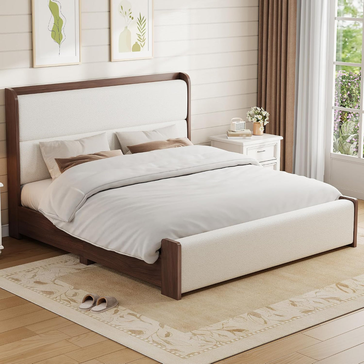 King Platform Bed Walnut with Boucle Upholstered Headboard & Footboard
