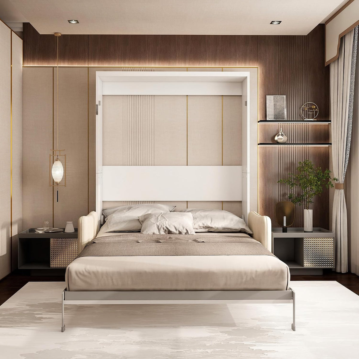 Queen Murphy Bed with Sofa, Space-Saving Wall Bed, Metal Frame, White