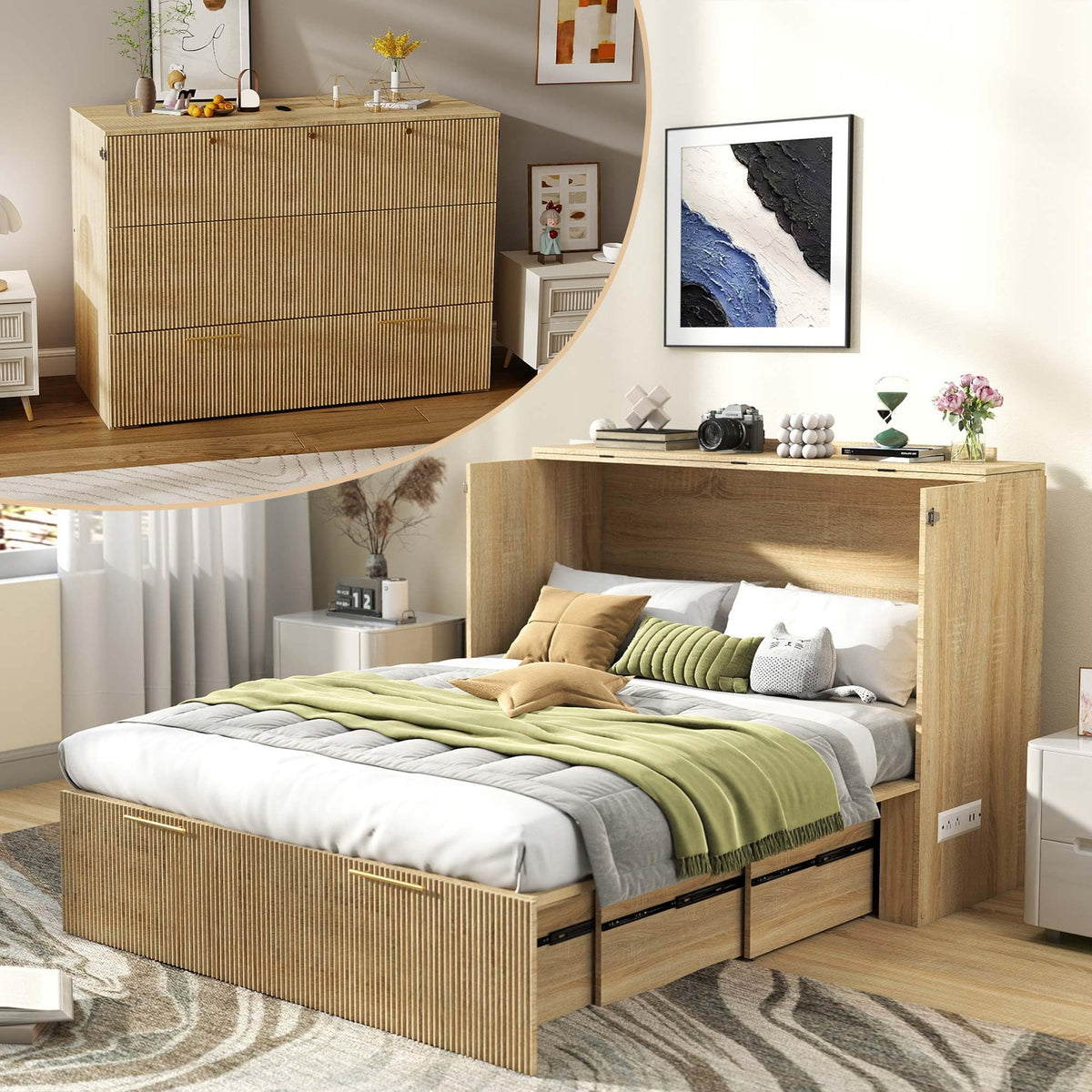 Full Size Murphy Bed Cabinet: Fluted Oak Murphy Bed Queen Wood