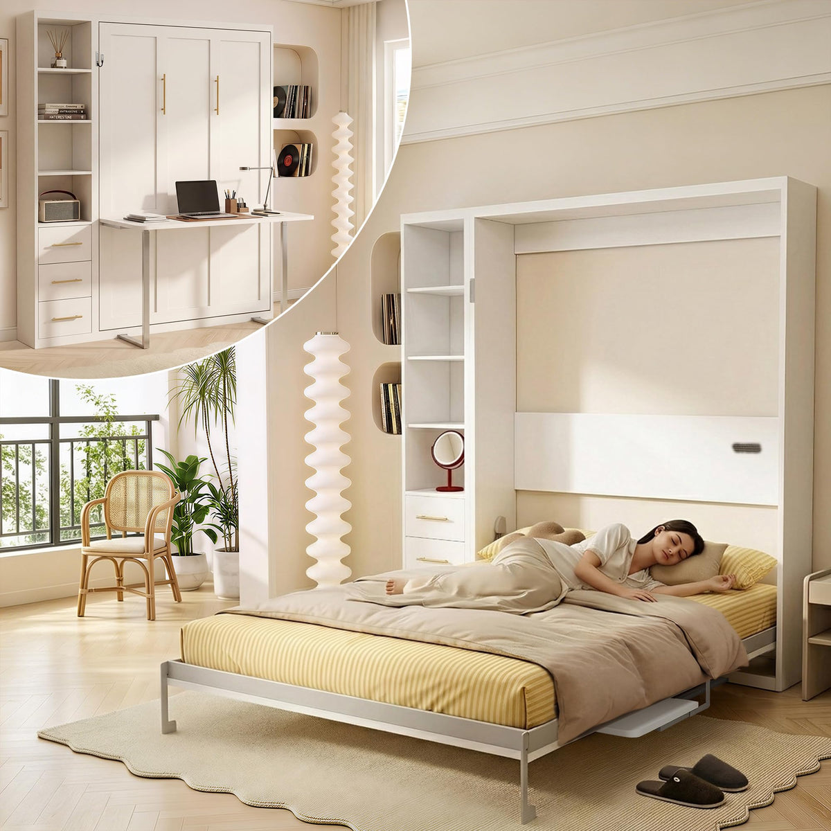 Olela Murphy Bed Queen with Desk & Bookcase, 4-Hydraulic Lift System,White