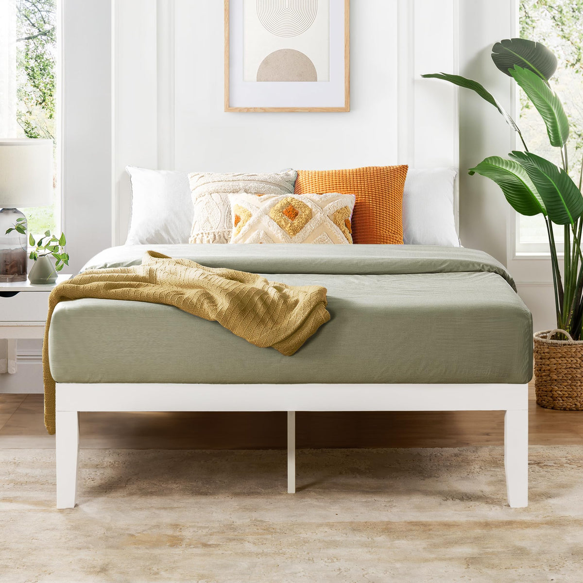 Mellow Naturalista Classic 16 Inch Solid Wood Platform Bed with Wooden Slats, Natural Pine, Queen