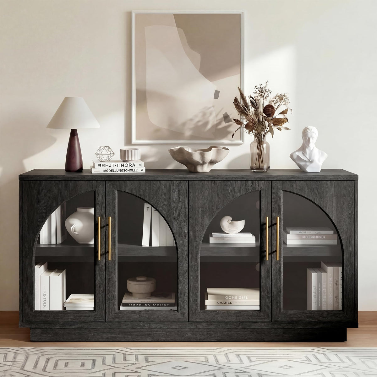 Fatmok Fluted TV Stand for up to 75" TVs, 68" Entertainment Center with 4 Doors, Modern Media Console with Adjustable Shelves & Storage Cabinets, Black and Grey