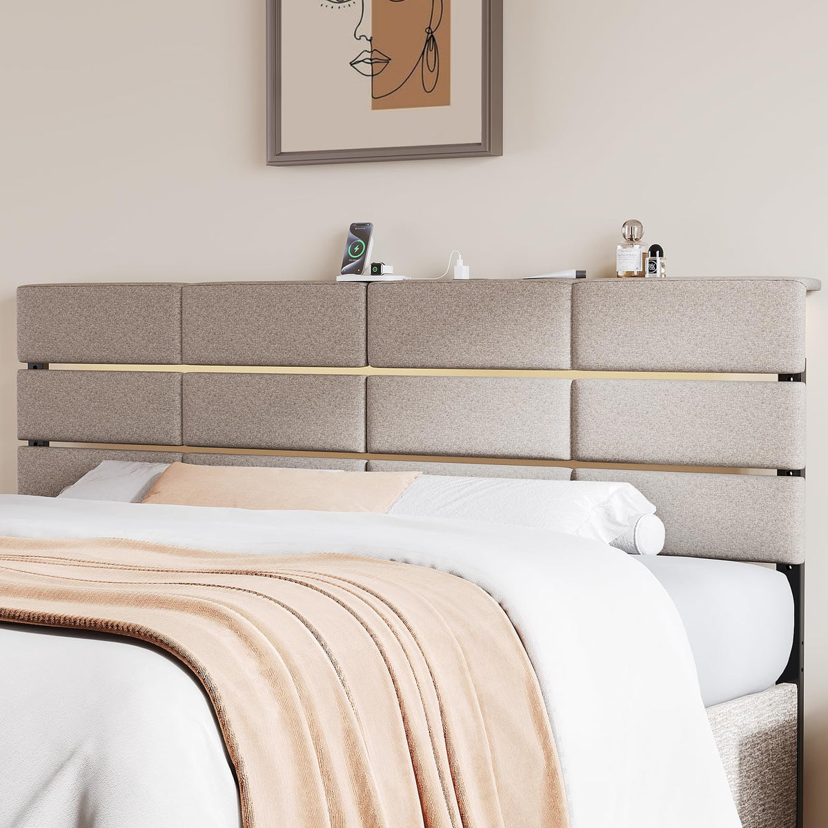 King/Cal King Size Headboard with Charging Station & Lights, Dark Grey