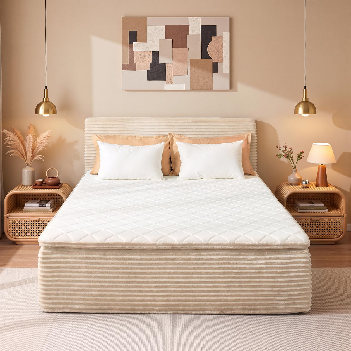 Queen Boneless Bed Frame with Headboard, 17'' Memory Foam Mattress, Gray