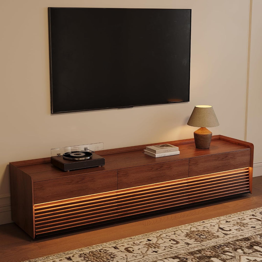 POVISON Fully-Assembled Mid Century Modern TV Stand, 78.74" Wood Media Console with Adjustable LED Light, Entertainment Center with Storage for Living Room