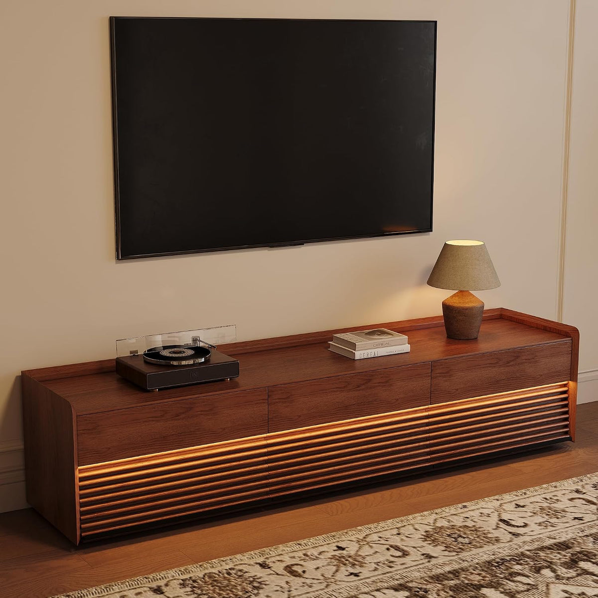 POVISON Fully-Assembled Mid Century Modern TV Stand, 78.74" Wood Media Console with Adjustable LED Light, Entertainment Center with Storage for Living Room