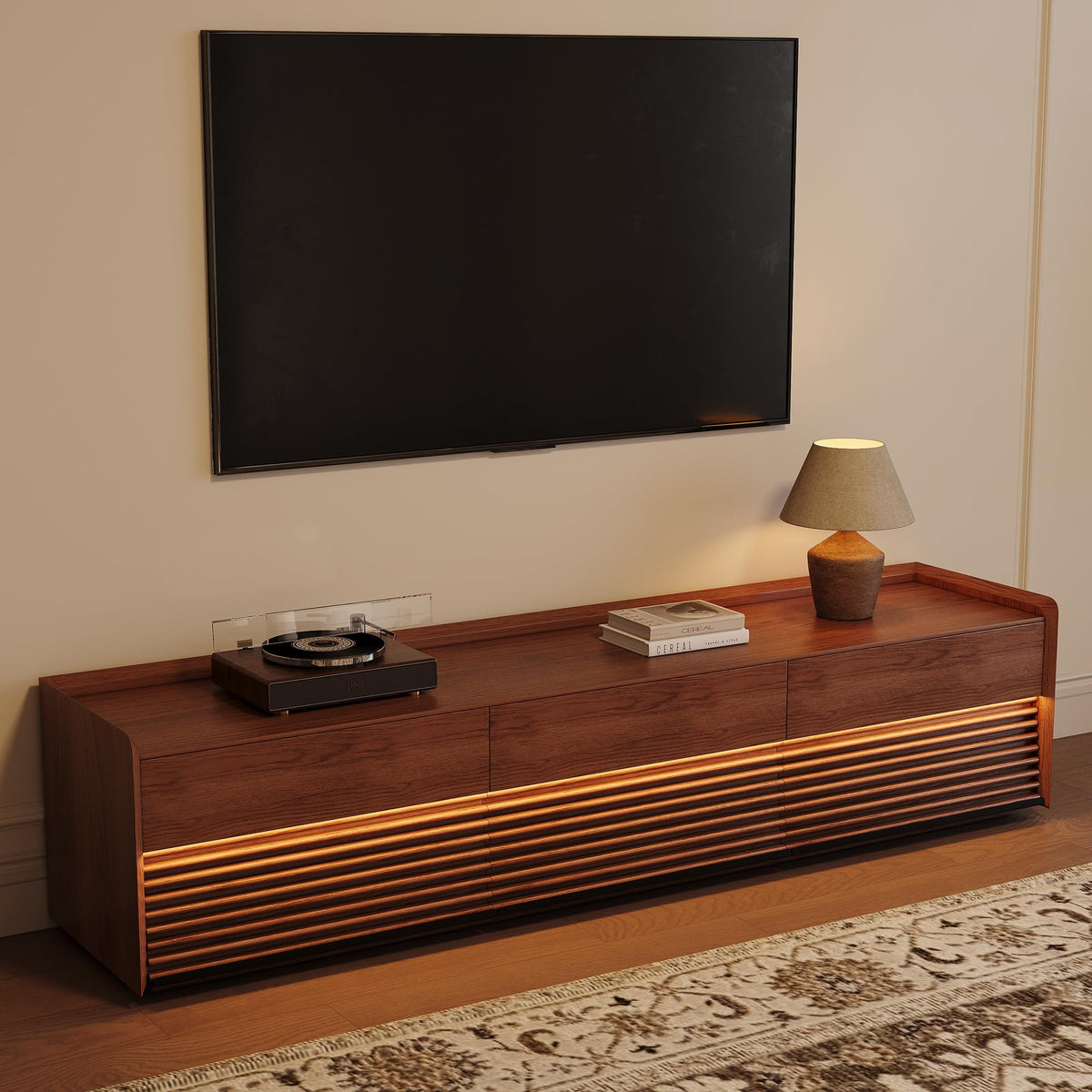 POVISON Fully-Assembled Mid Century Modern TV Stand, 94.49" Wood Media Console with Adjustable LED Light, Entertainment Center with Storage for Living Room