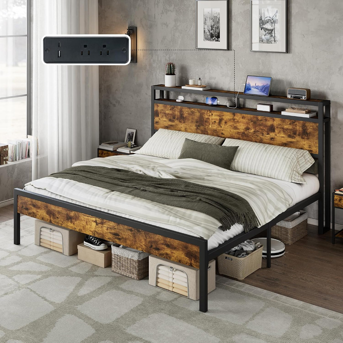 AMERLIFE King Size Platform Bed Frame with Charging Station
