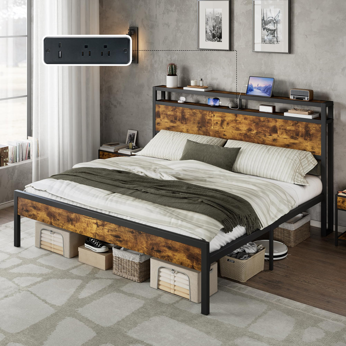 AMERLIFE King Size Platform Bed Frame with Charging Station