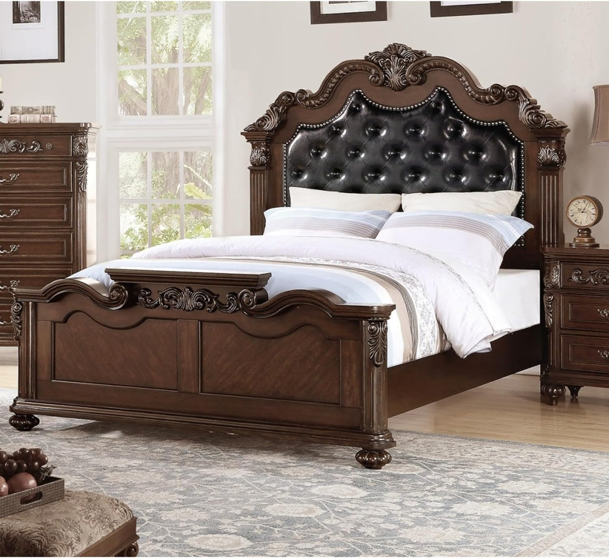 Traditional King Bed Frame Solid Wood Ornate Carved Headboard Footboard Scalloped Crown Bun Feet Slatted Support System Foundation Required Classic Bedroom Statement Piece Antique (Cherry A -1)